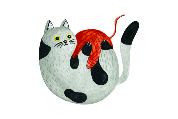 Cat Playing with Ball of Yarn Watercolor: Crafts & Cats