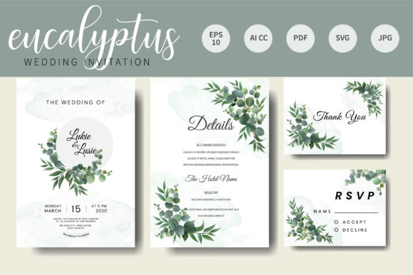 Eucalyptus Wedding Invitation Card: Graphics & Print Templates