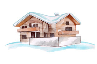 Ski Chalet in Watercolor Style for Winter Crafts